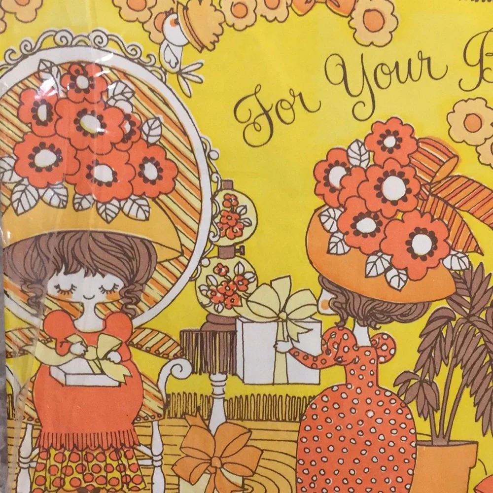 Vintage 1970s Bridal Shower Gift Wrap Paper Tea Party Kitties